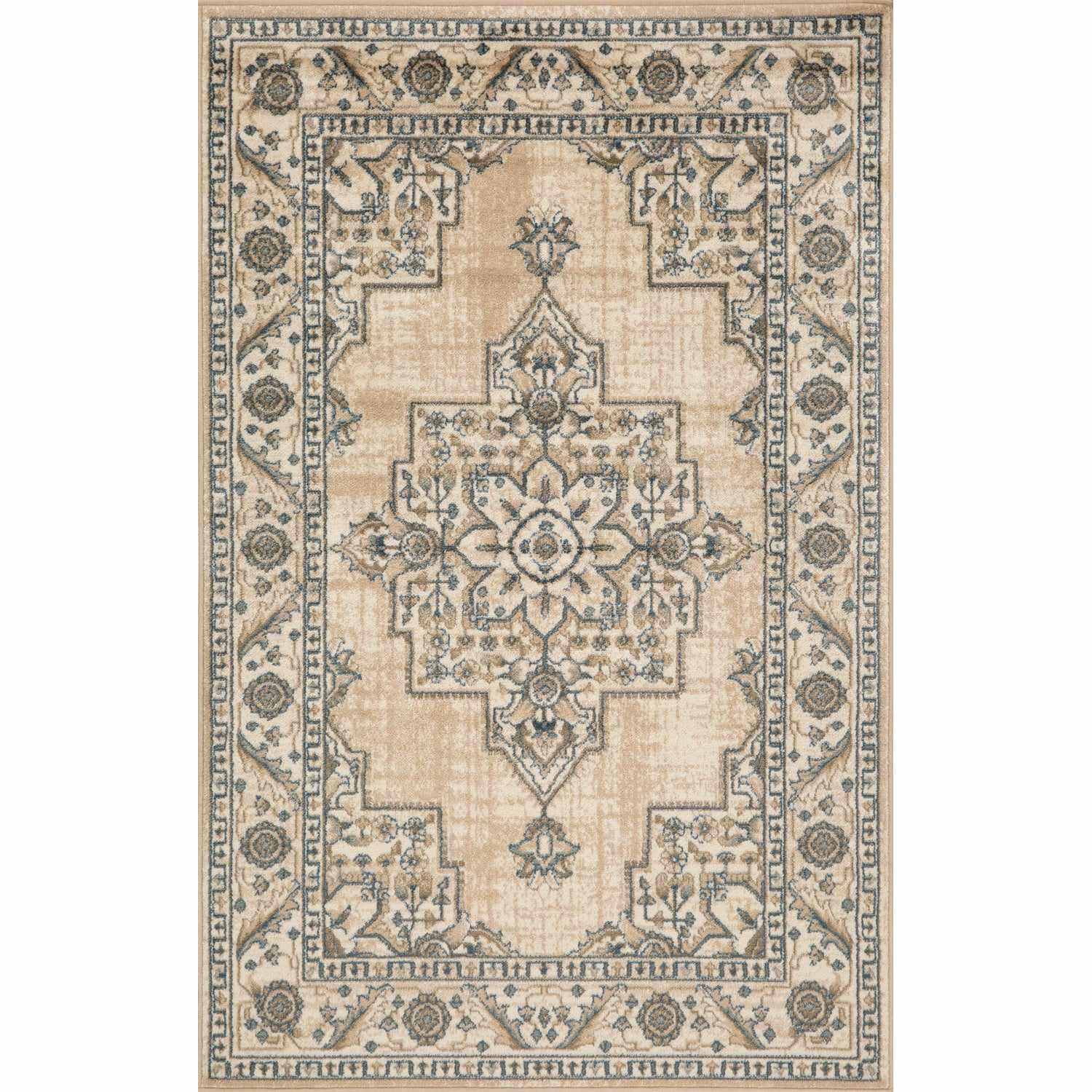 Superior Traditional Geometric Floral Medallion Design Indoor Home Area Rug - Beige