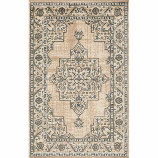 Superior Traditional Geometric Floral Medallion Design Indoor Home Area Rug - Beige