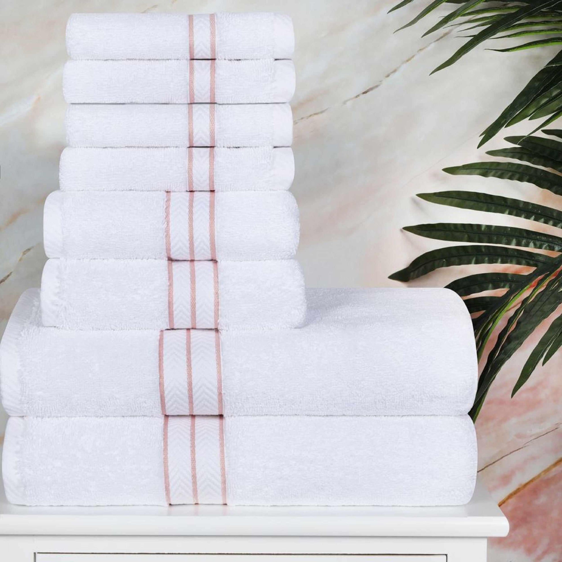 Turkish Cotton Heavyweight Plush 8 Piece Towel Set - White/Tea Rose