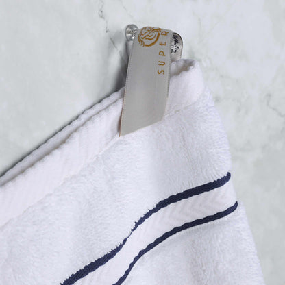  Traditional Organic Wave 650 GSM 8- Pieces Towel Set - White-Navy Blue