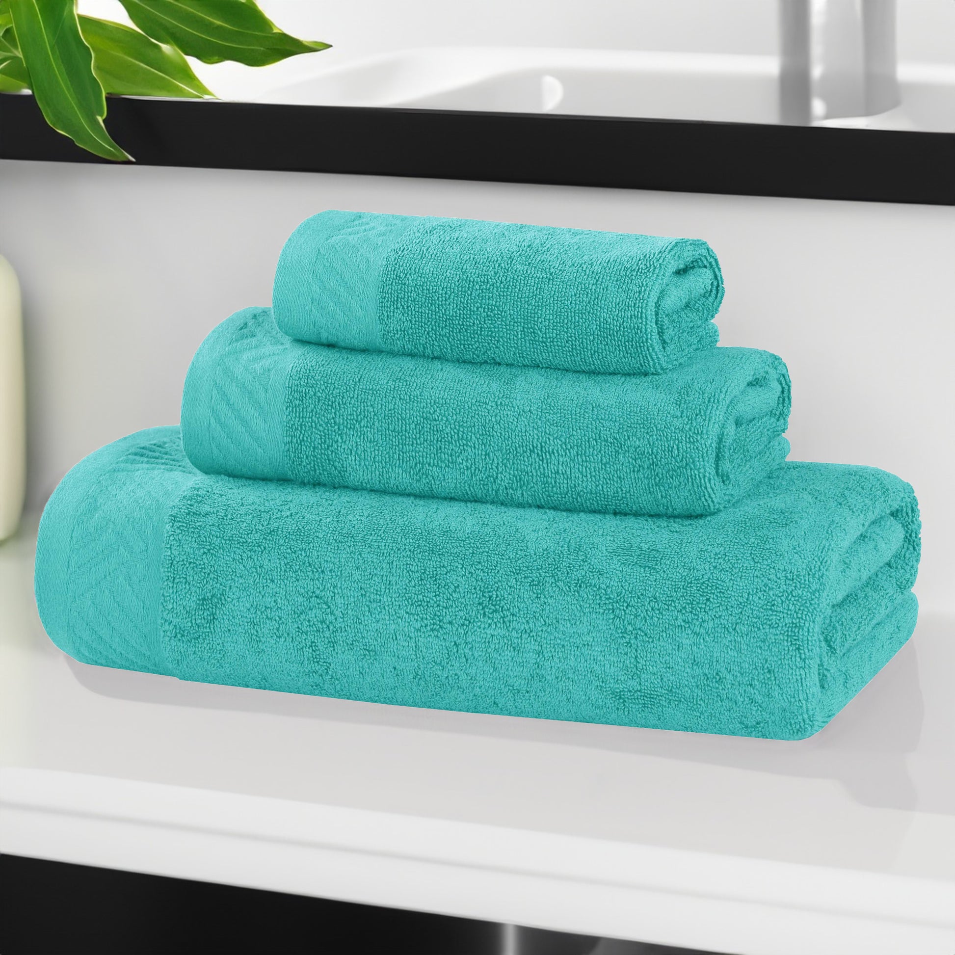 Basketweave Egyptian Cotton Solid 3 Piece Assorted Towel Set - Turquoise