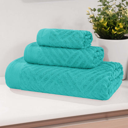 Basketweave Egyptian Cotton Jacquard 3 Piece Assorted Towel Set - Turquoise