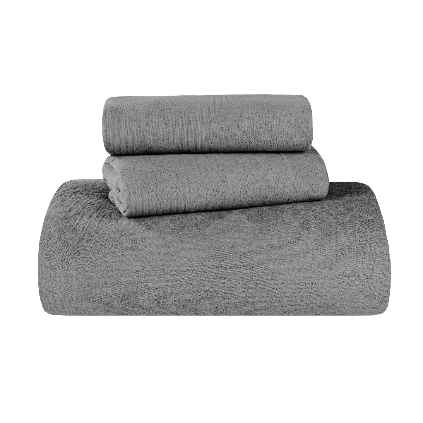 Victory Cotton Matelasse Weave Jacquard Scroll Medallion Bedspread Set - Grey