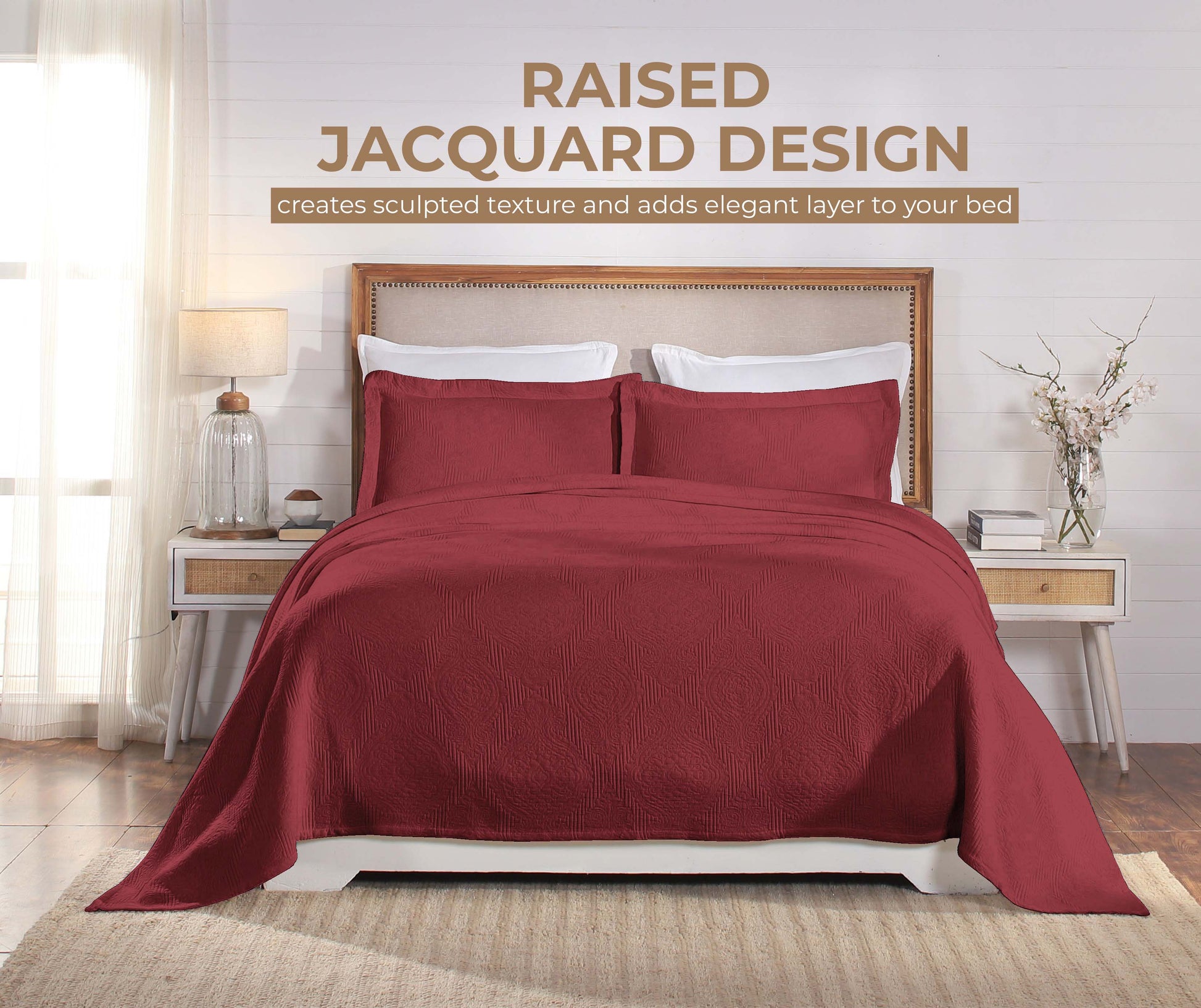 Victory Cotton Matelasse Weave Jacquard Scroll Medallion Bedspread Set - Garnet