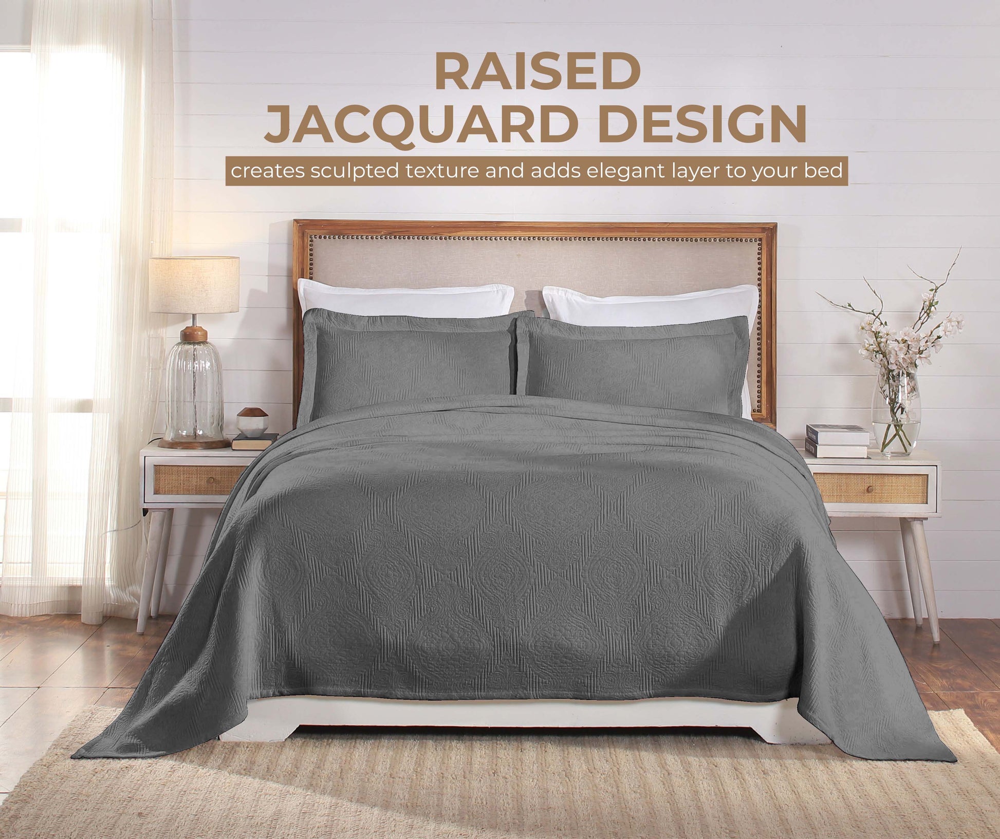 Victory Cotton Matelasse Weave Jacquard Scroll Medallion Bedspread Set - Grey