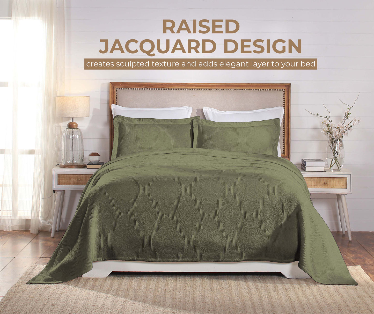 Victory Cotton Matelasse Weave Jacquard Scroll Medallion Bedspread Set - Sage