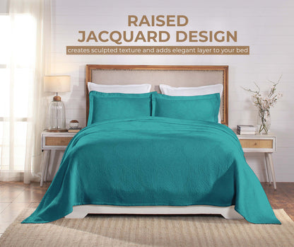 Victory Cotton Matelasse Weave Jacquard Scroll Medallion Bedspread Set - Teal