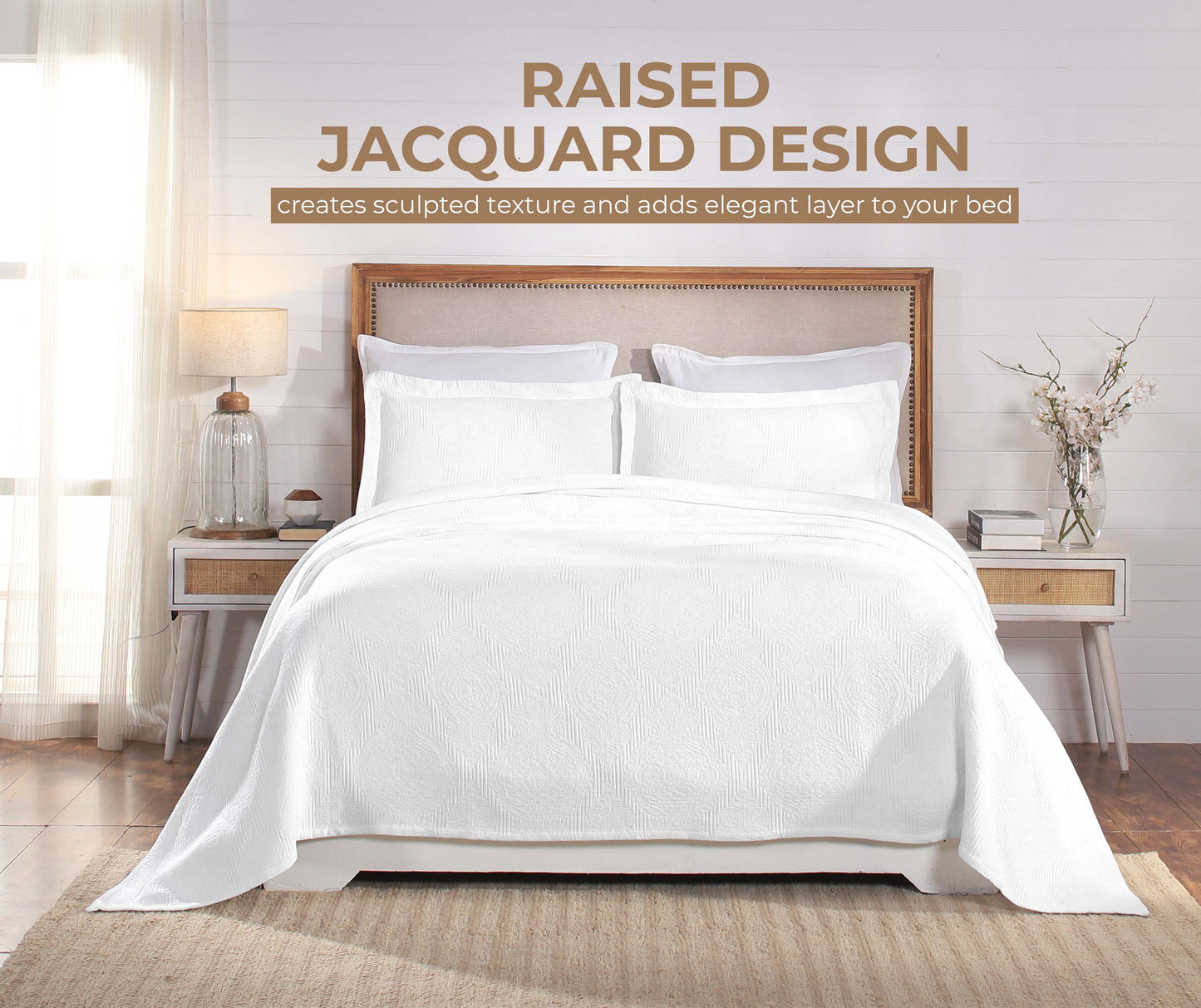 Victory Cotton Matelasse Weave Jacquard Scroll Medallion Bedspread Set - White