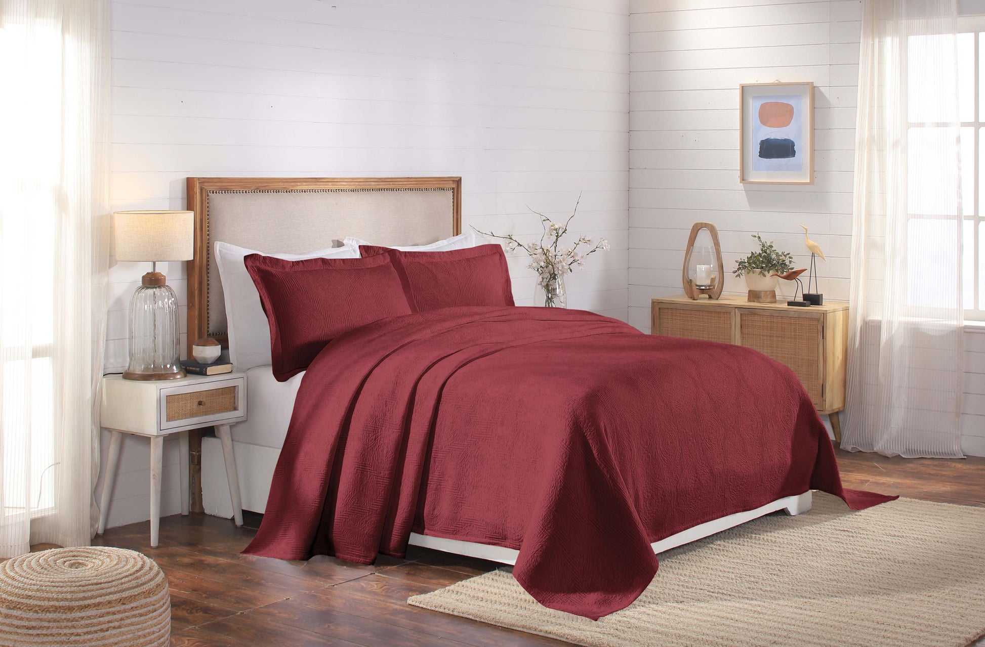 Victory Cotton Matelasse Weave Jacquard Scroll Medallion Bedspread Set - Garnet