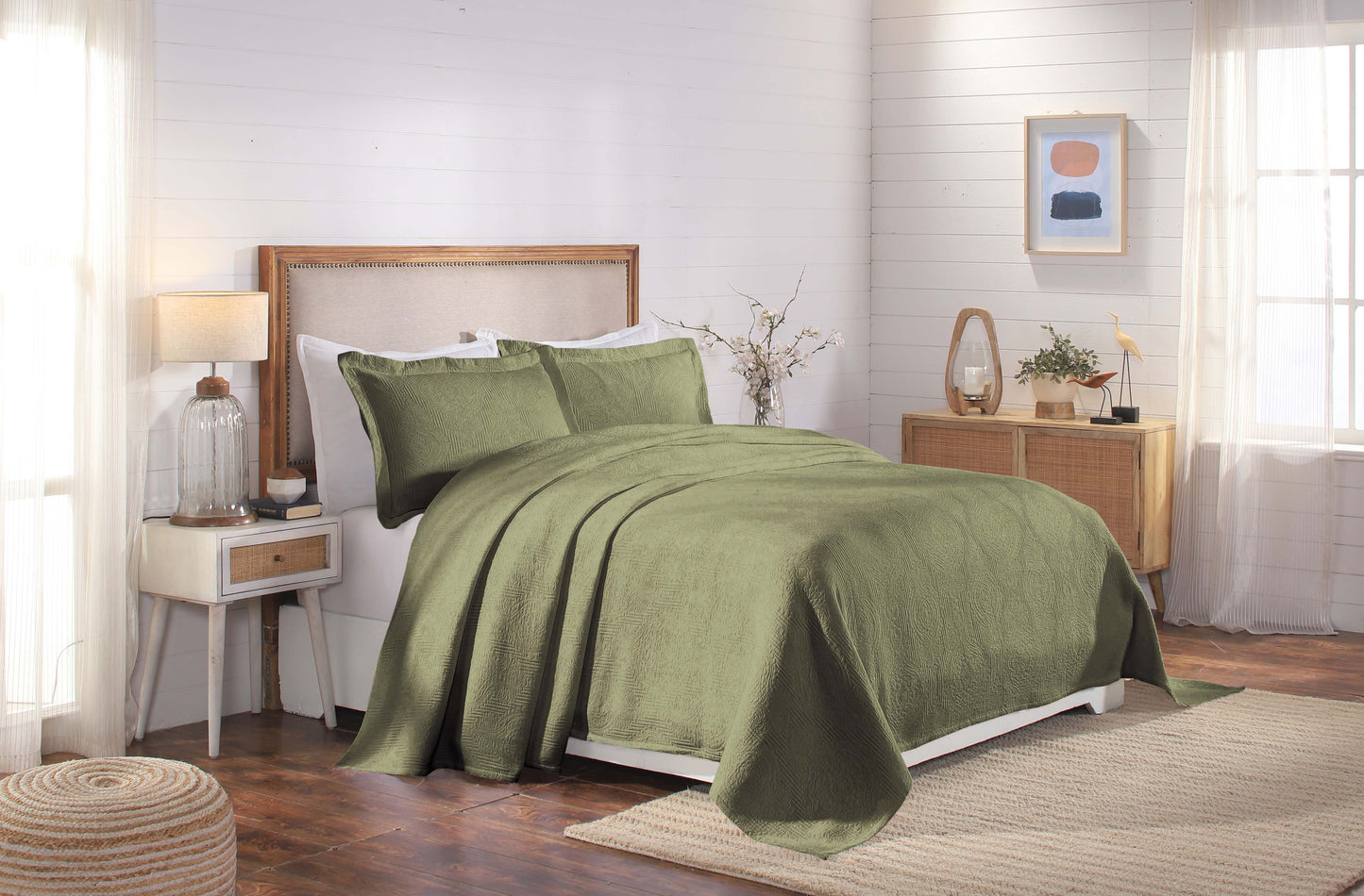 Victory Cotton Matelasse Weave Jacquard Scroll Medallion Bedspread Set - Sage