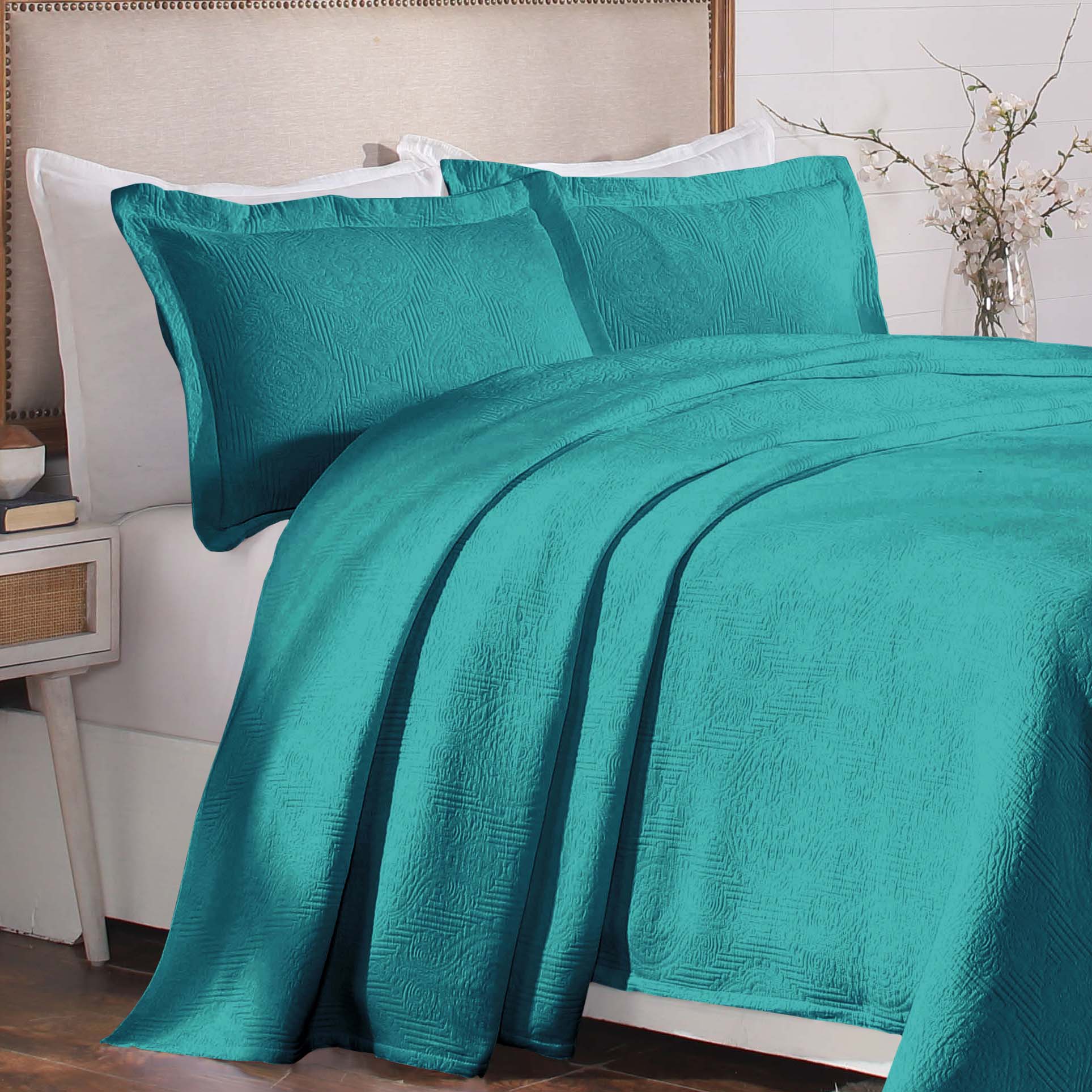 Victory Cotton Matelasse Weave Jacquard Scroll Medallion Bedspread Set - Teal