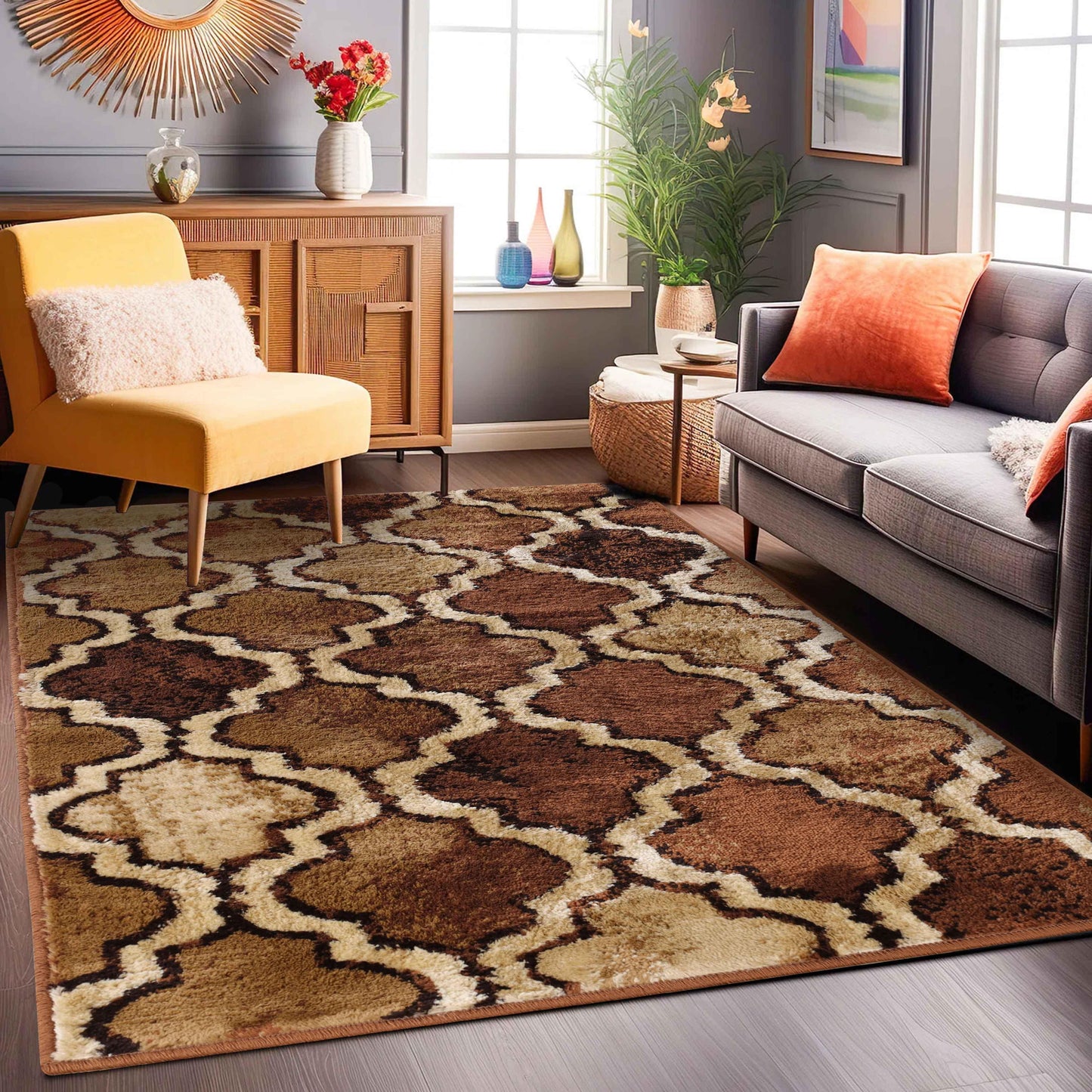 Viking Contemporary Geometric Trellis Indoor Area Rug or Runner - Brown