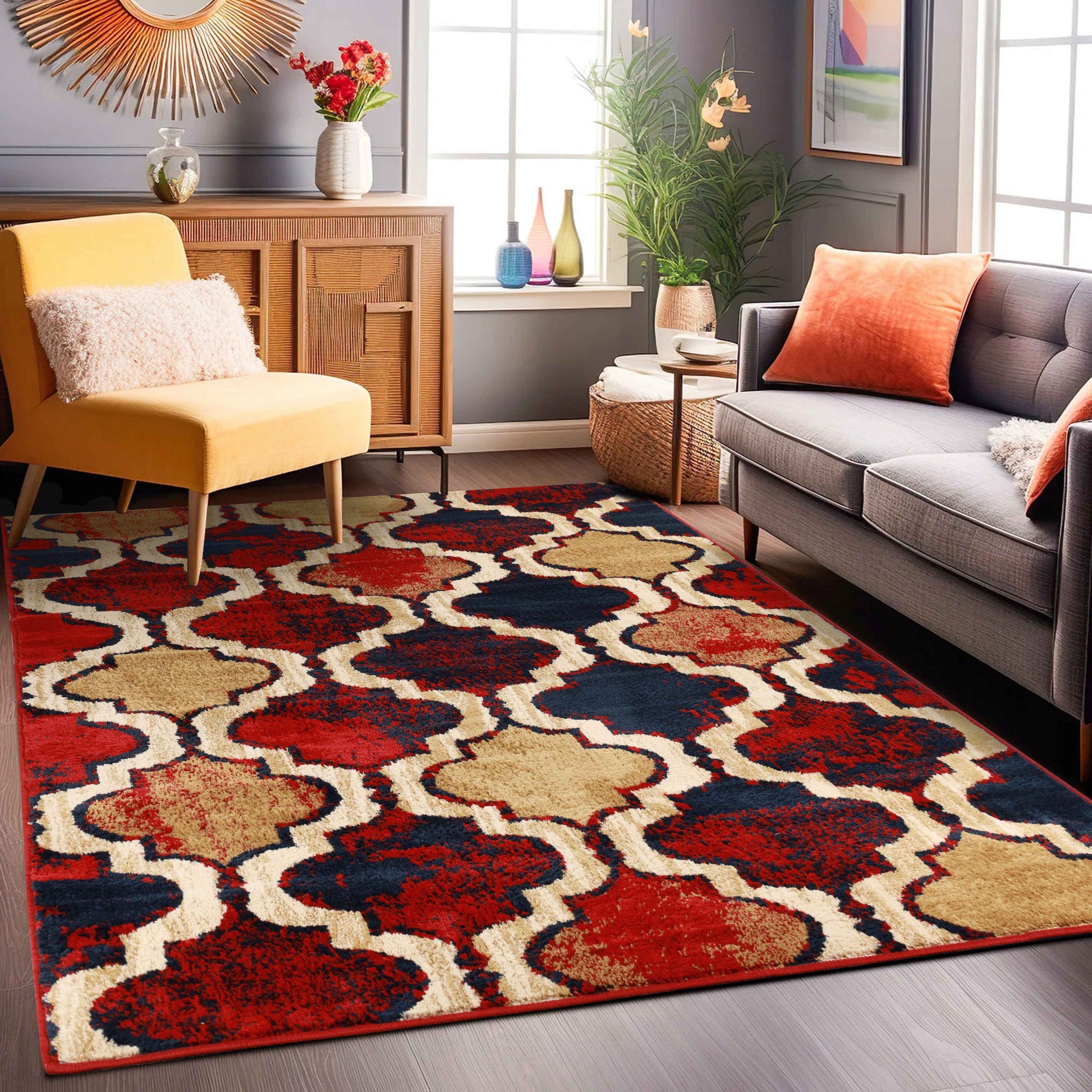 Viking Contemporary Geometric Trellis Indoor Area Rug or Runner - RedBlue