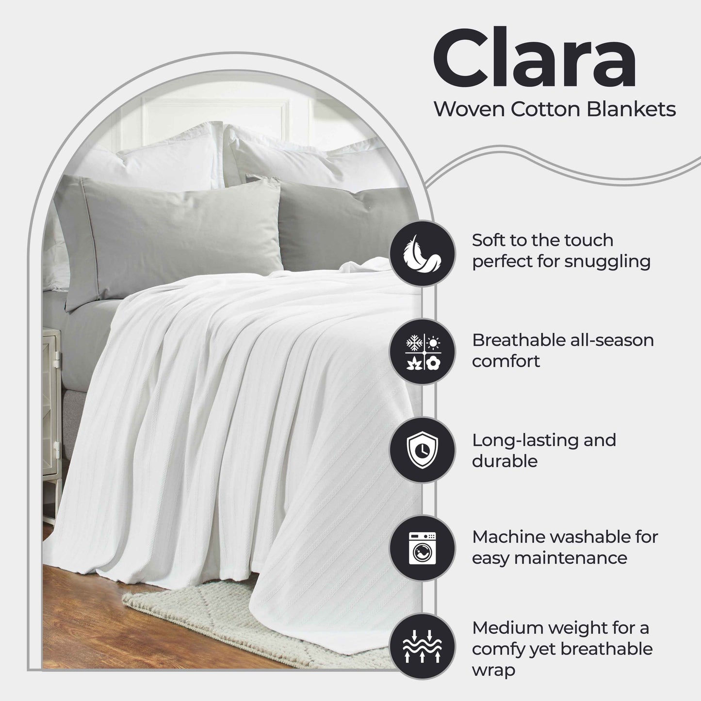 Clara Cotton Textured Jacquard Striped Lightweight Woven Blanket - White