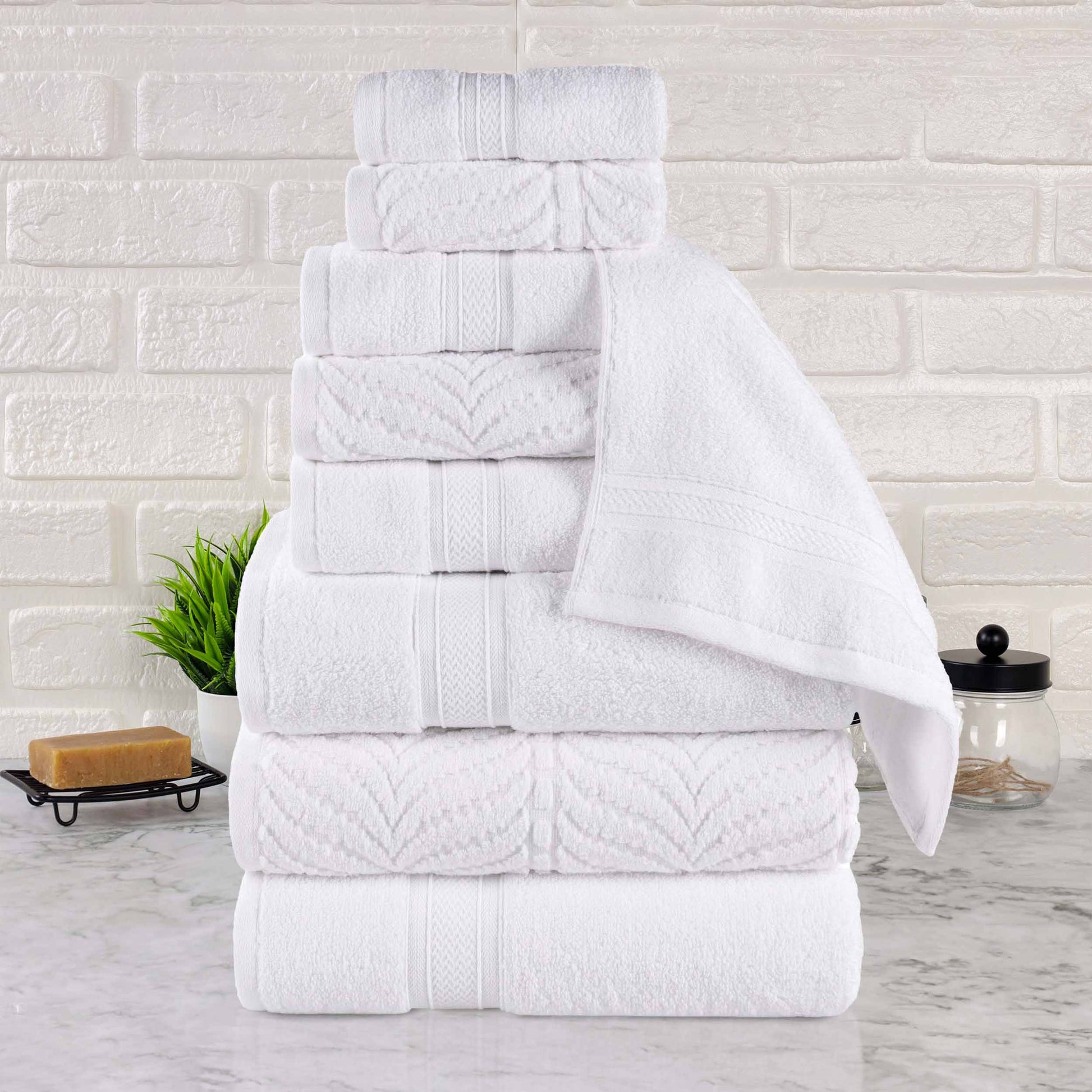 Chevron Zero Twist Solid and Jacquard Cotton 9 Piece Towel Set - White