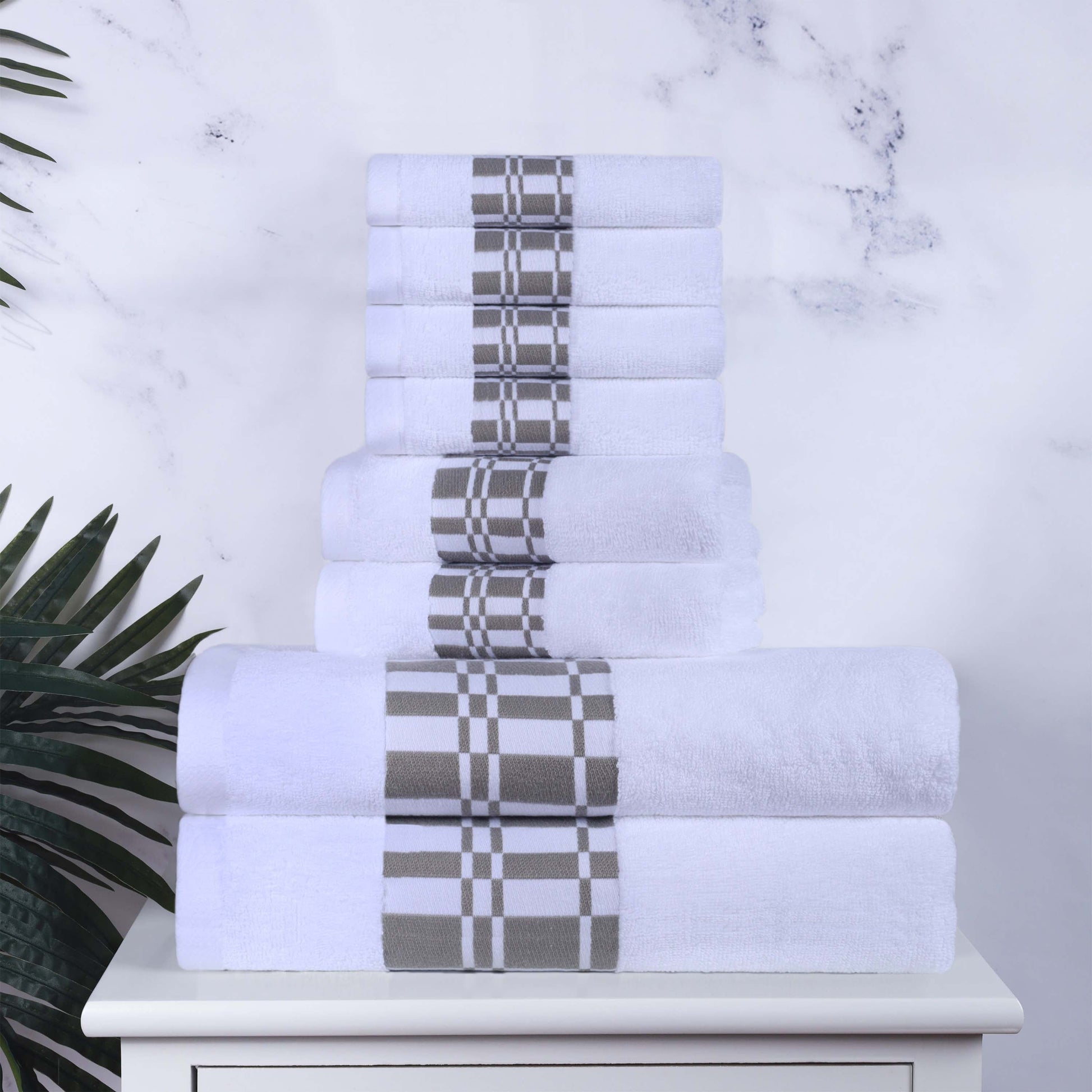 Larissa Cotton Geometric Border 8 Piece Assorted Towel Set - White