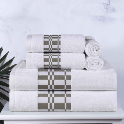 Larissa Cotton Geometric Border 6 Piece Assorted Towel Set - White