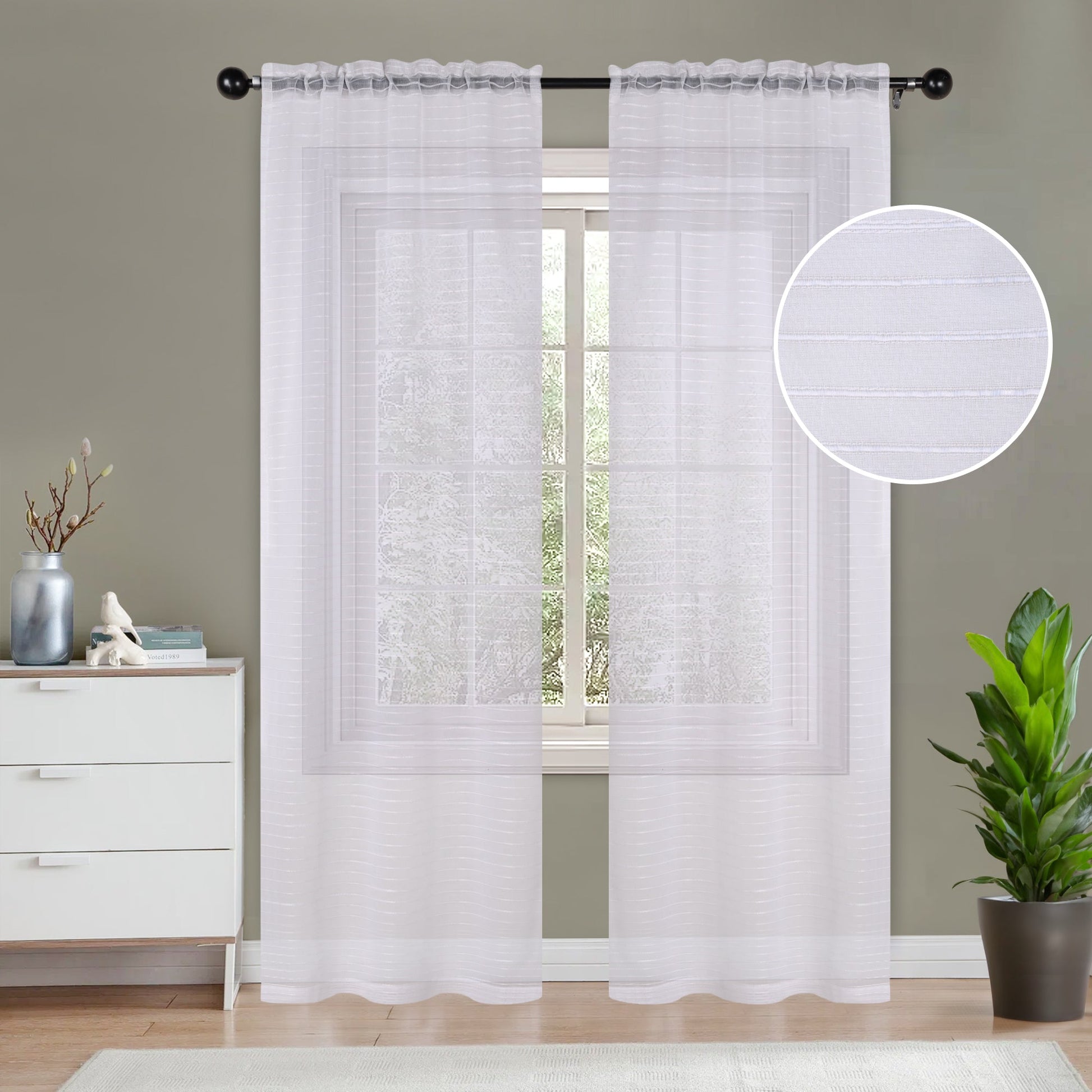 Jackson Striped Sheer Window Curtain Panels - White