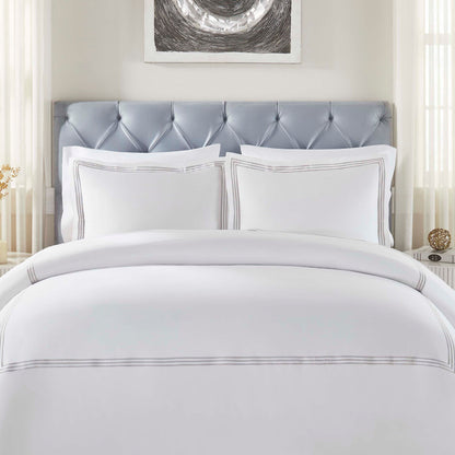 Brandon Cotton Three-Line Embroidered 3 Piece Duvet Cover Set - White