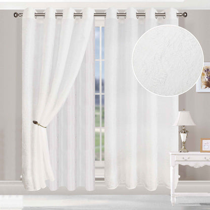 Embroidered Leaves Grommet 2 Piece Layered Sheer Curtain Panel Set - White