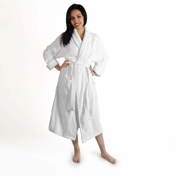 Classic Women's Bath Robe Turkish Cotton Bathrobe with Adjustable Belt - White