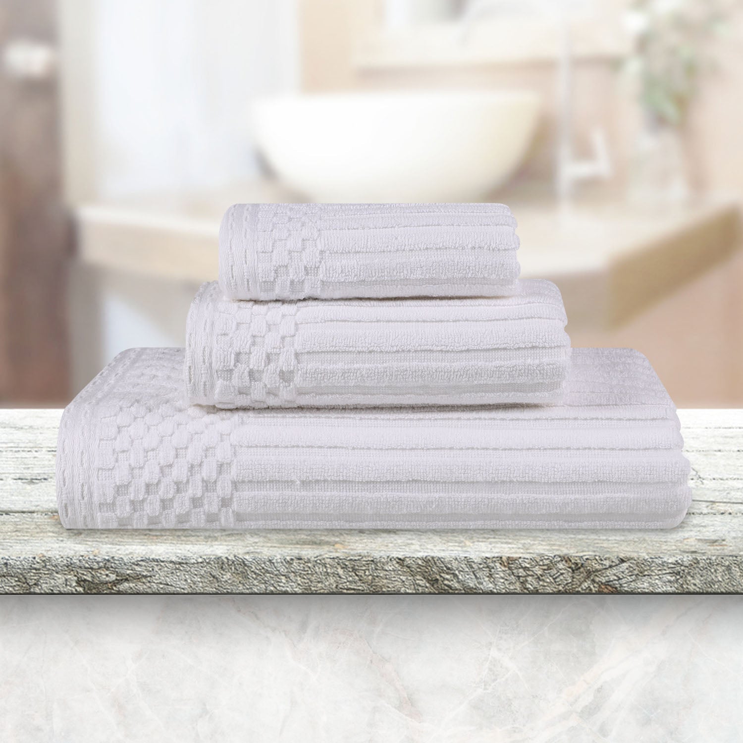 Soho Ribbed Cotton Absorbent 3 Piece Assorted Towel Set - White