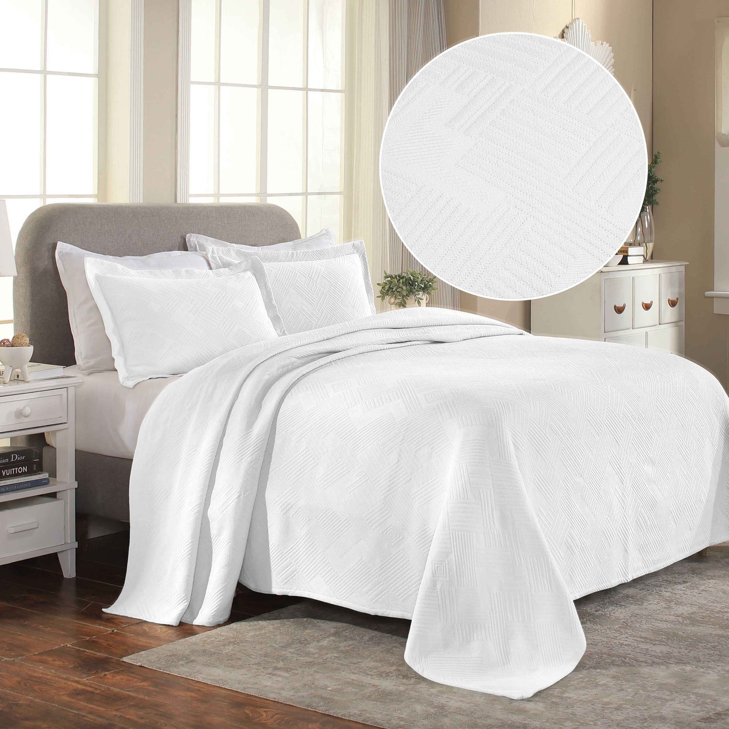 Cotton Jacquard Matelassé Scalloped Geometric Fret Bedspread Set - White