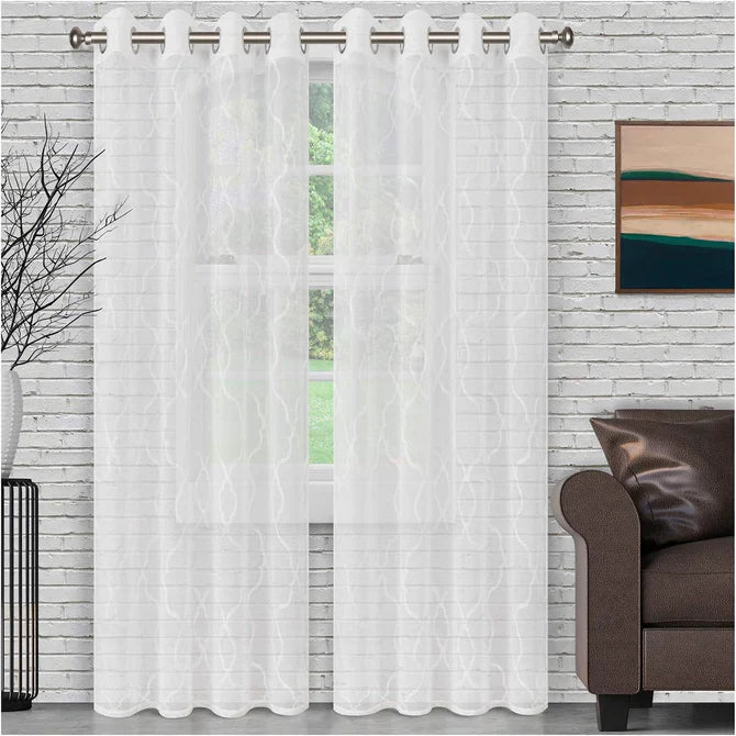 Embroidered Moroccan Lattice 2 Piece Sheer Curtain Set - White