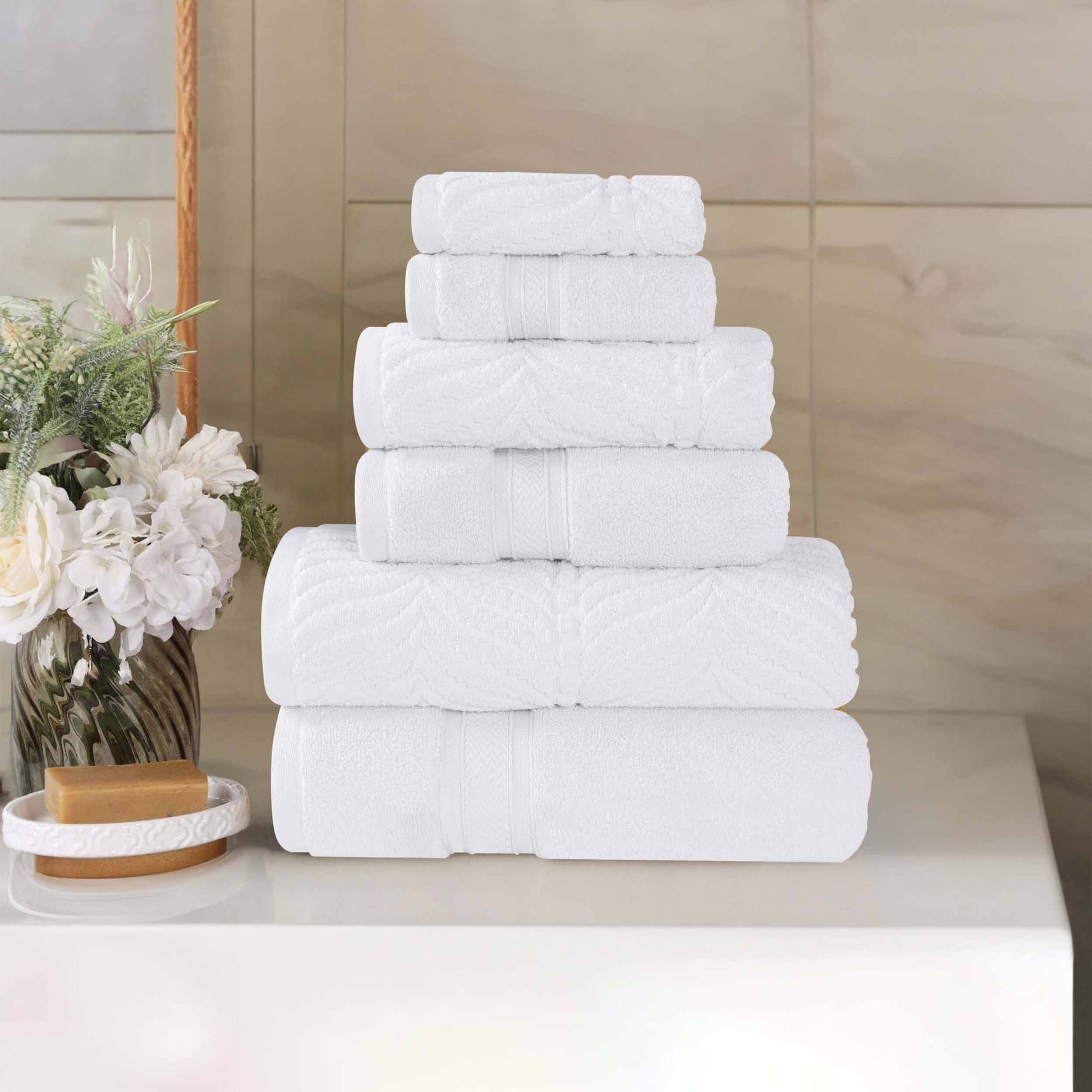 Chevron Zero Twist Solid and Jacquard Soft Cotton 6 Piece Towel Set - White