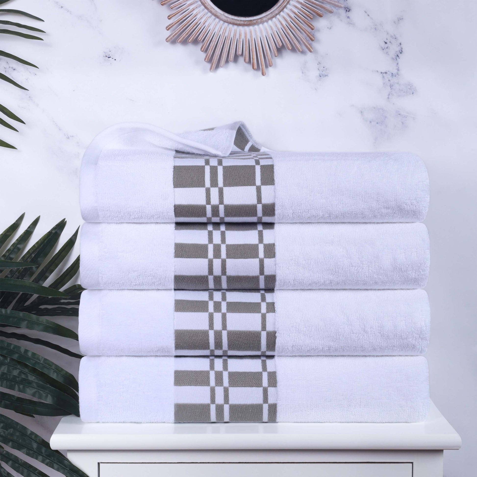 Larissa Cotton Geometric Border Bath Towel Set of 4 - White
