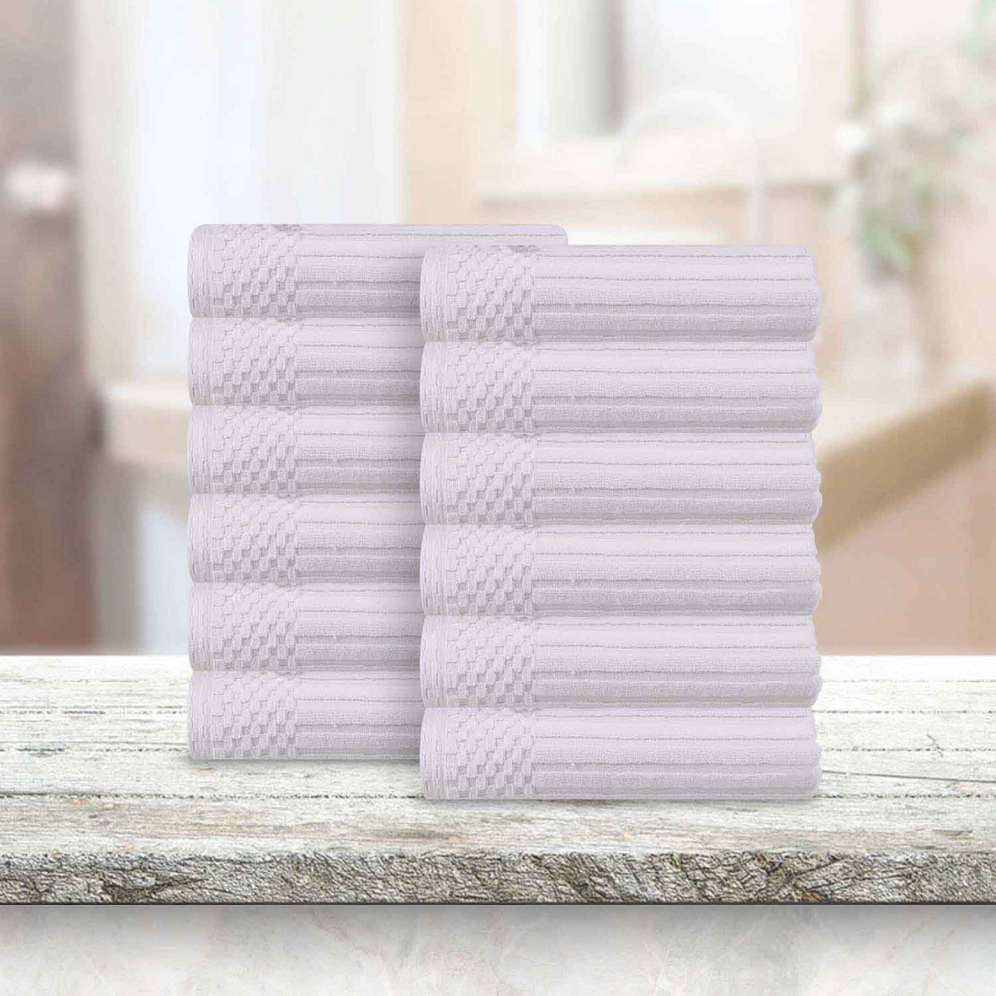 Soho Ribbed Cotton Absorbent Face Towel / Washcloth Set of 12 - White