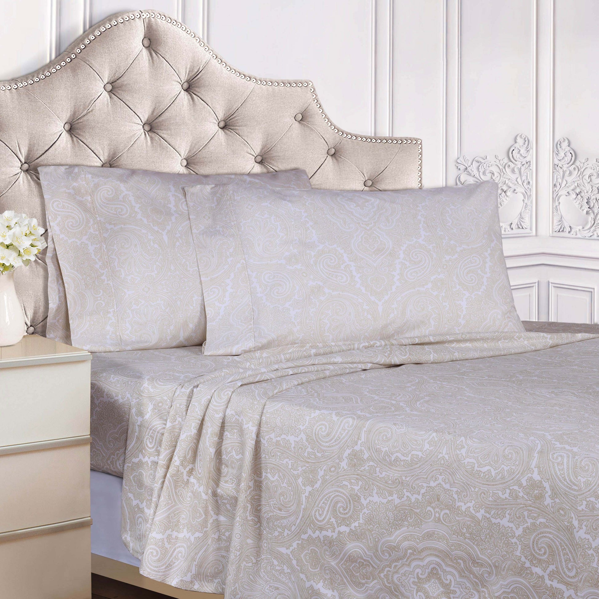 Italian Paisley 600 Thread Count Cotton Blend Deep Pocket Sheet Set - White