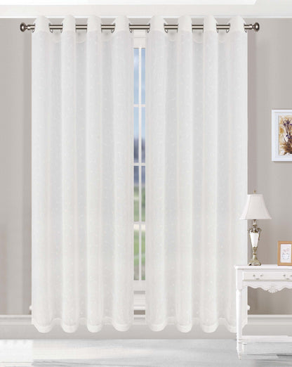 Embroidered Flower 2 Piece Grommet Sheer Curtain Panel Set - White