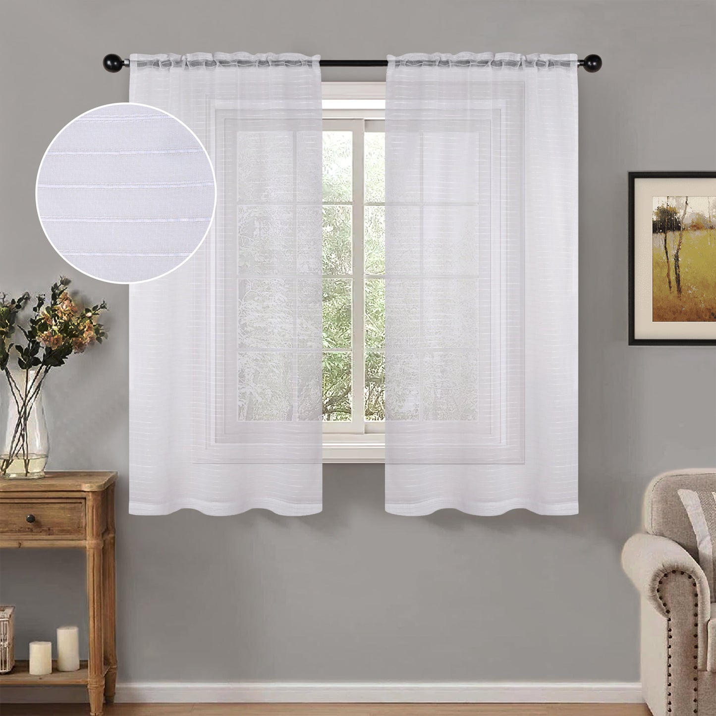 Jackson Striped Sheer Window Curtain Panels - White