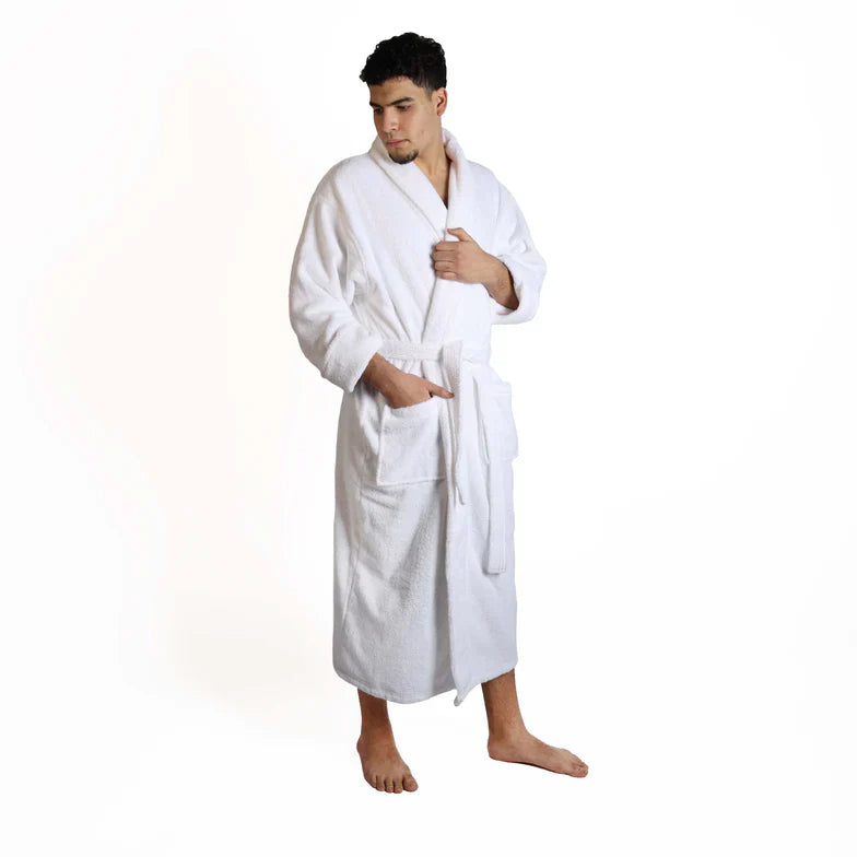 Classic Men's Bath Robe Turkish Cotton Bathrobe with Adjustable Belt - White