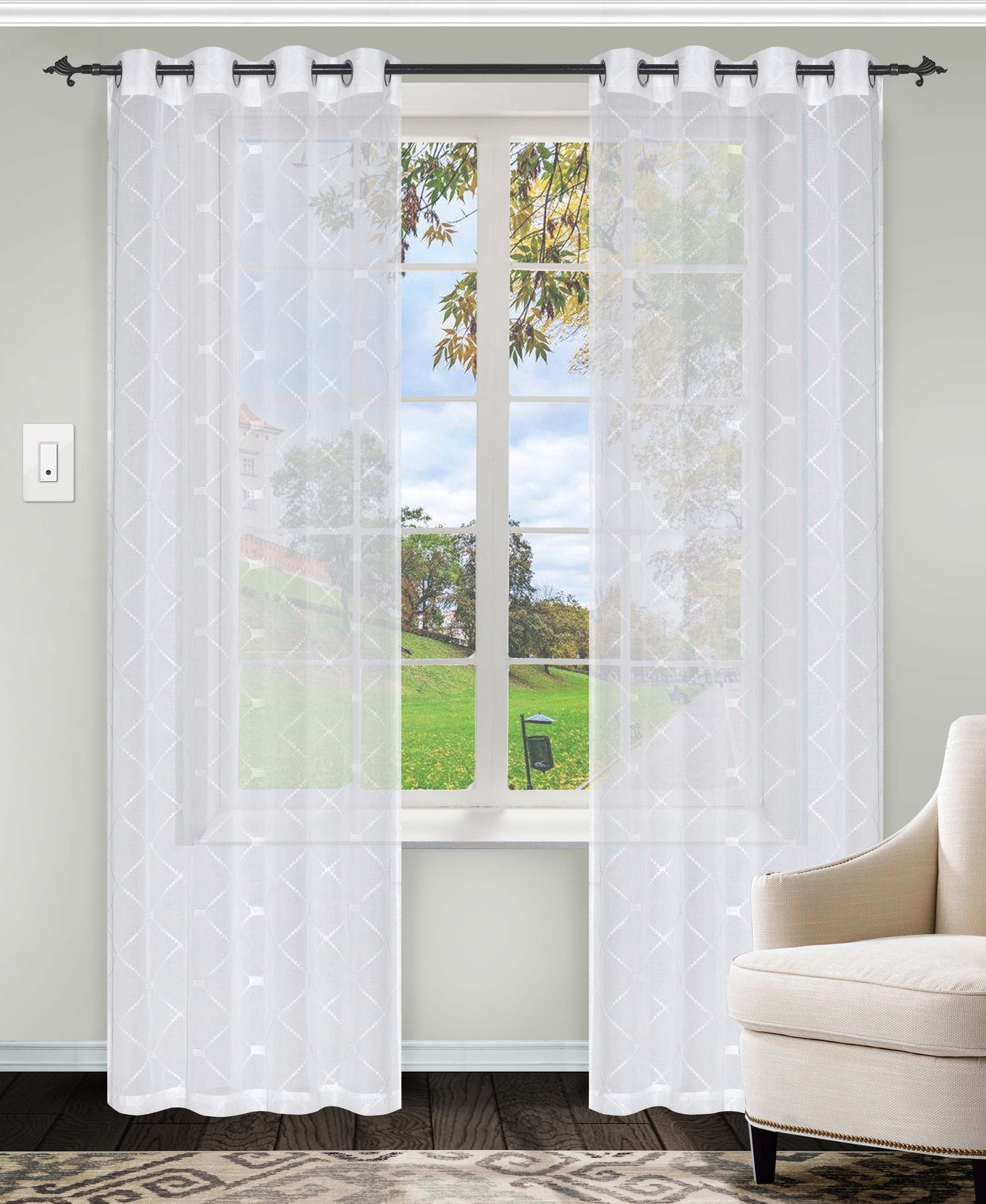 Sheer Modern Diamond Lattice Grommet Curtain Panels Set of 2 - White