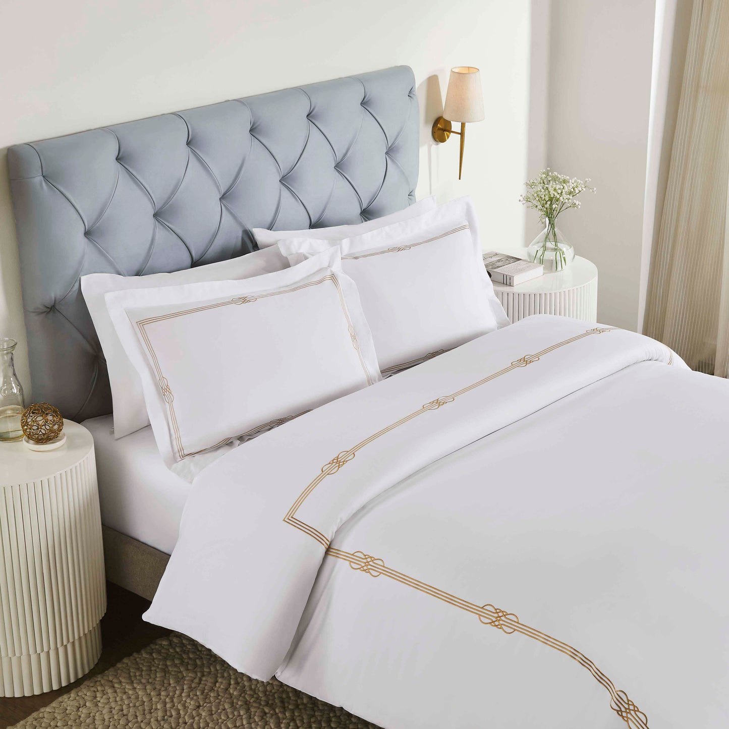 Moonlawn Cotton Gold Embroidered 3 Piece Duvet Cover Set - White-Gold