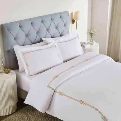 Moonlawn Cotton Gold Embroidered 3 Piece Duvet Cover Set - White-Gold