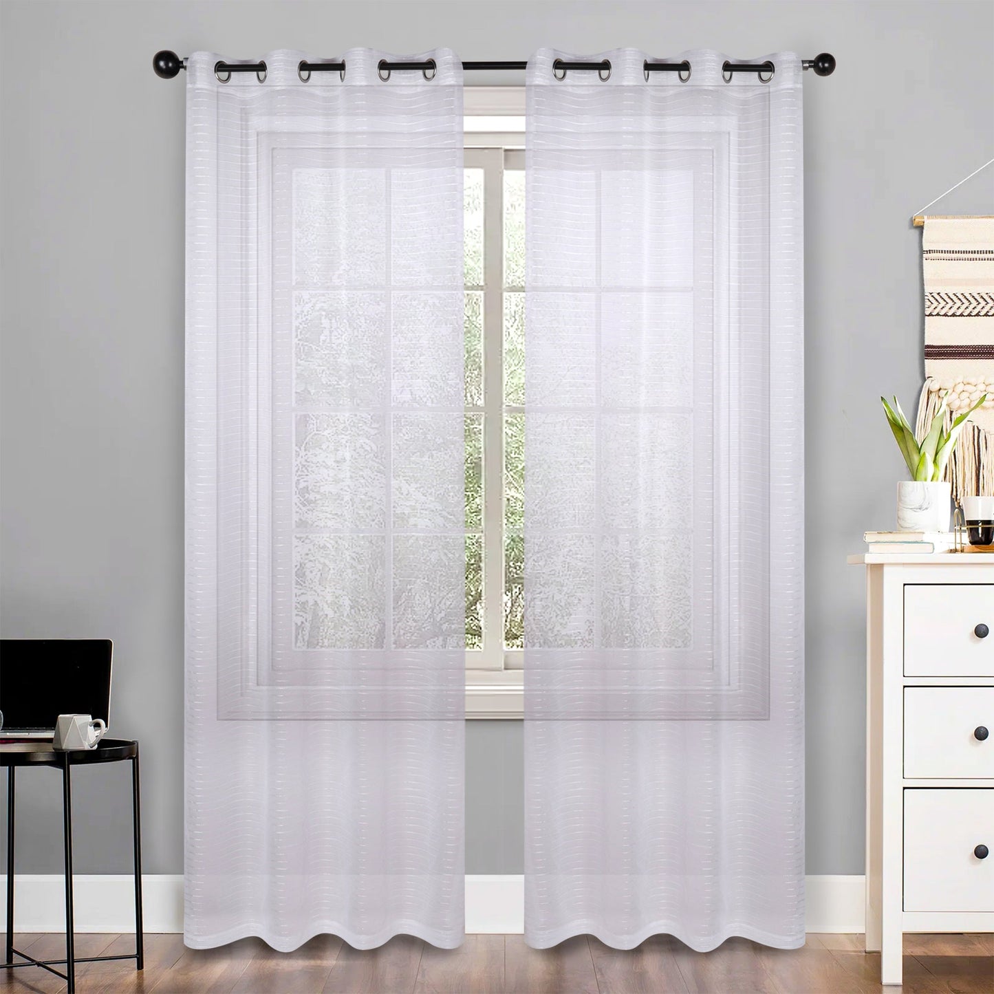 Jackson Striped Sheer Window Curtain Panels - White