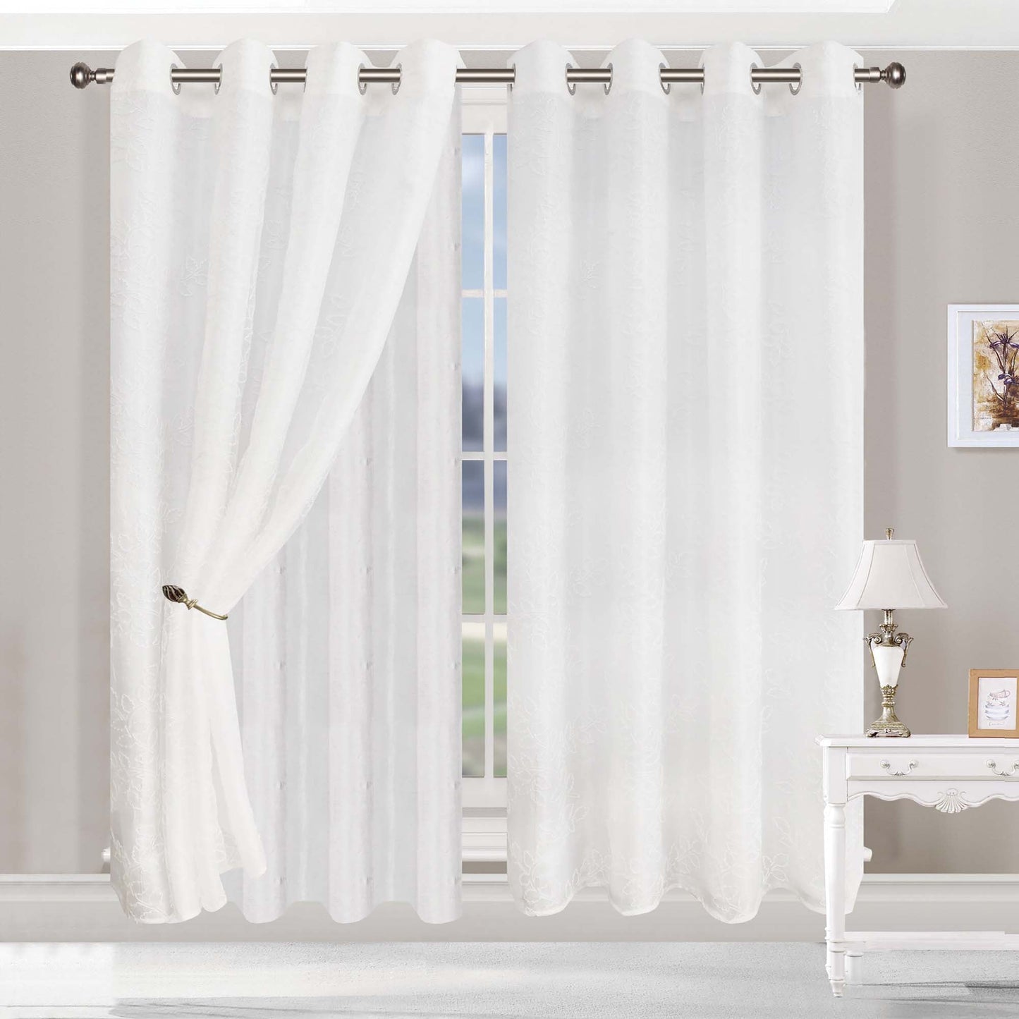 Embroidered Leaves Grommet 2 Piece Layered Sheer Curtain Panel Set - White