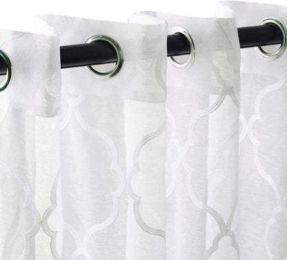 Embroidered Moroccan Lattice 2 Piece Sheer Curtain Set - White