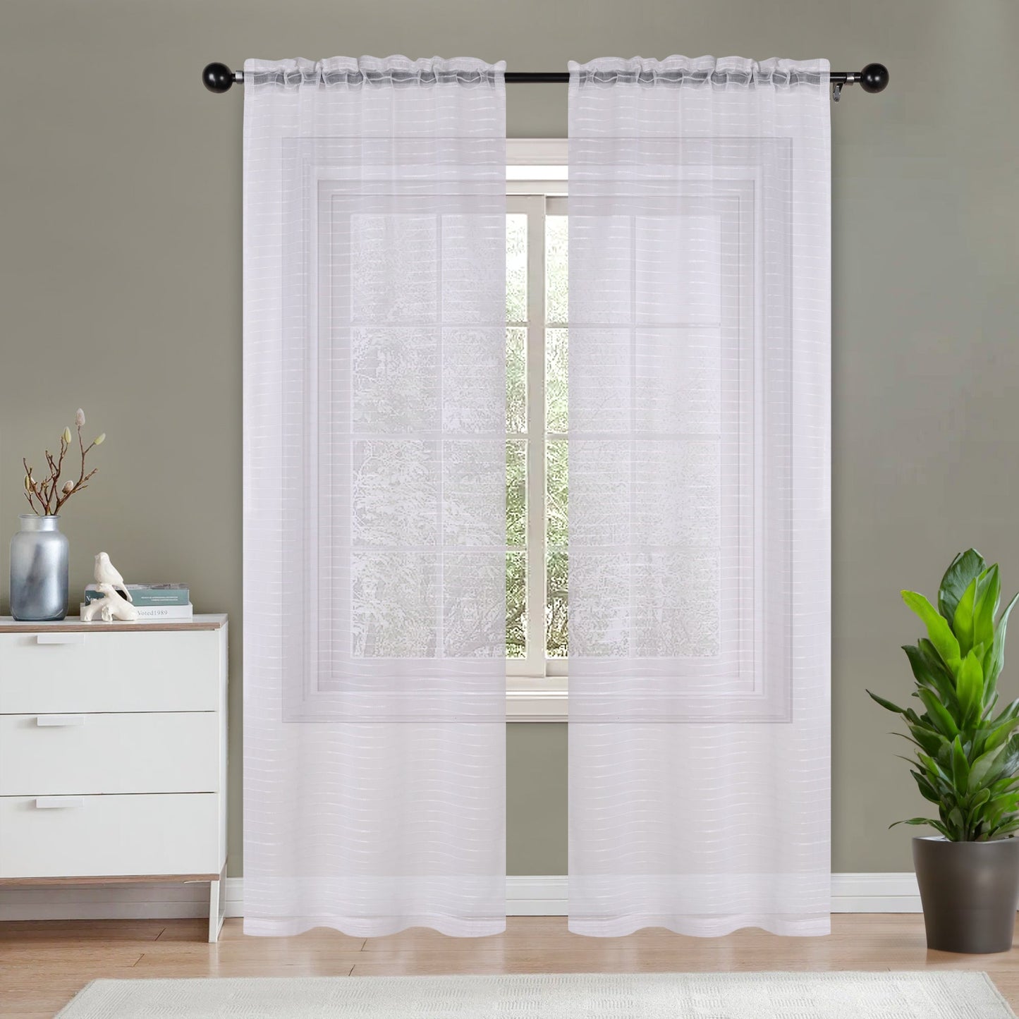 Jackson Striped Sheer Window Curtain Panels - White