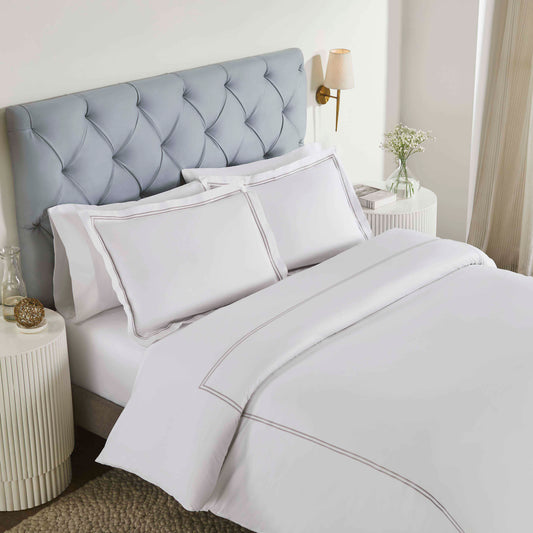 Fieldstone Cotton Two-Line Embroidered 3 Piece Duvet Cover Set - White