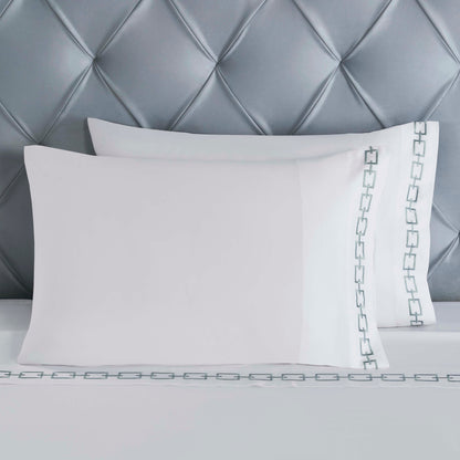 Chain Links Cotton Embroidered Deep Pocket Bed Sheet Set - White