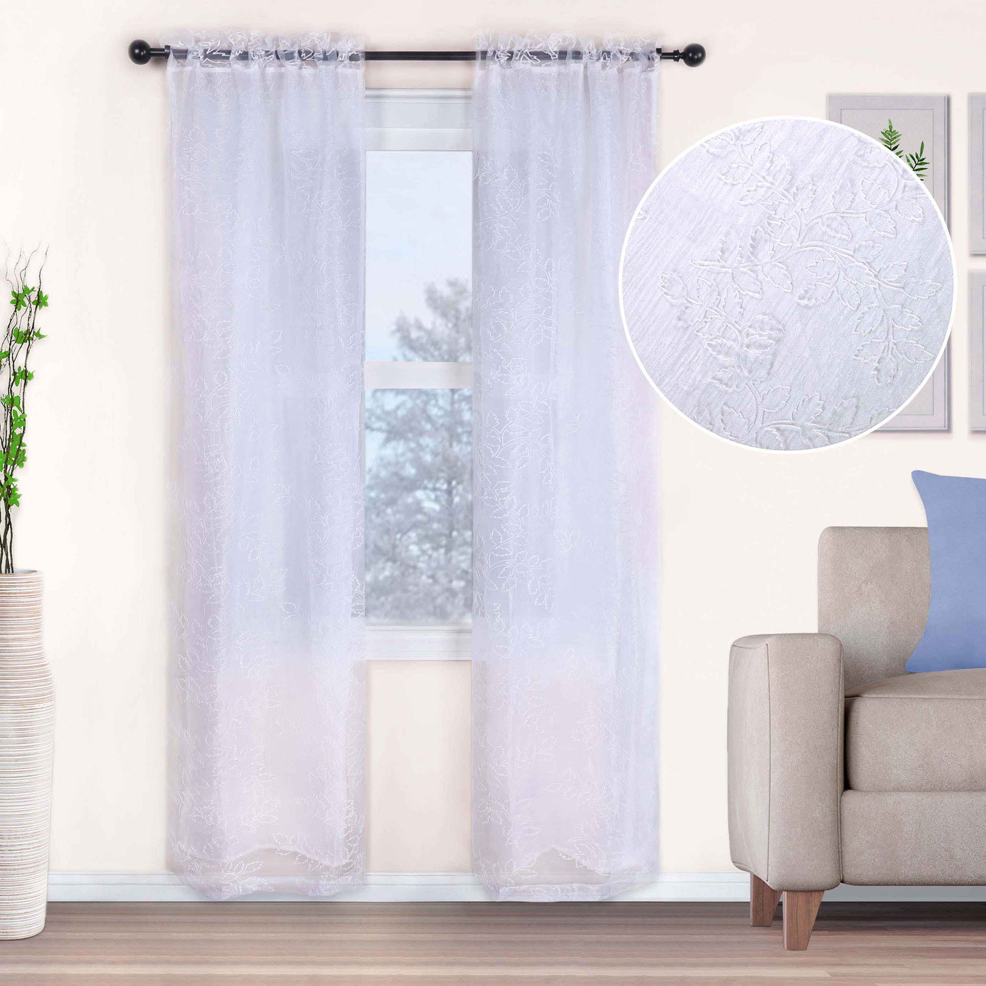 Embroidered Leaves Grommet 2 Piece Layered Sheer Curtain Panel Set - White