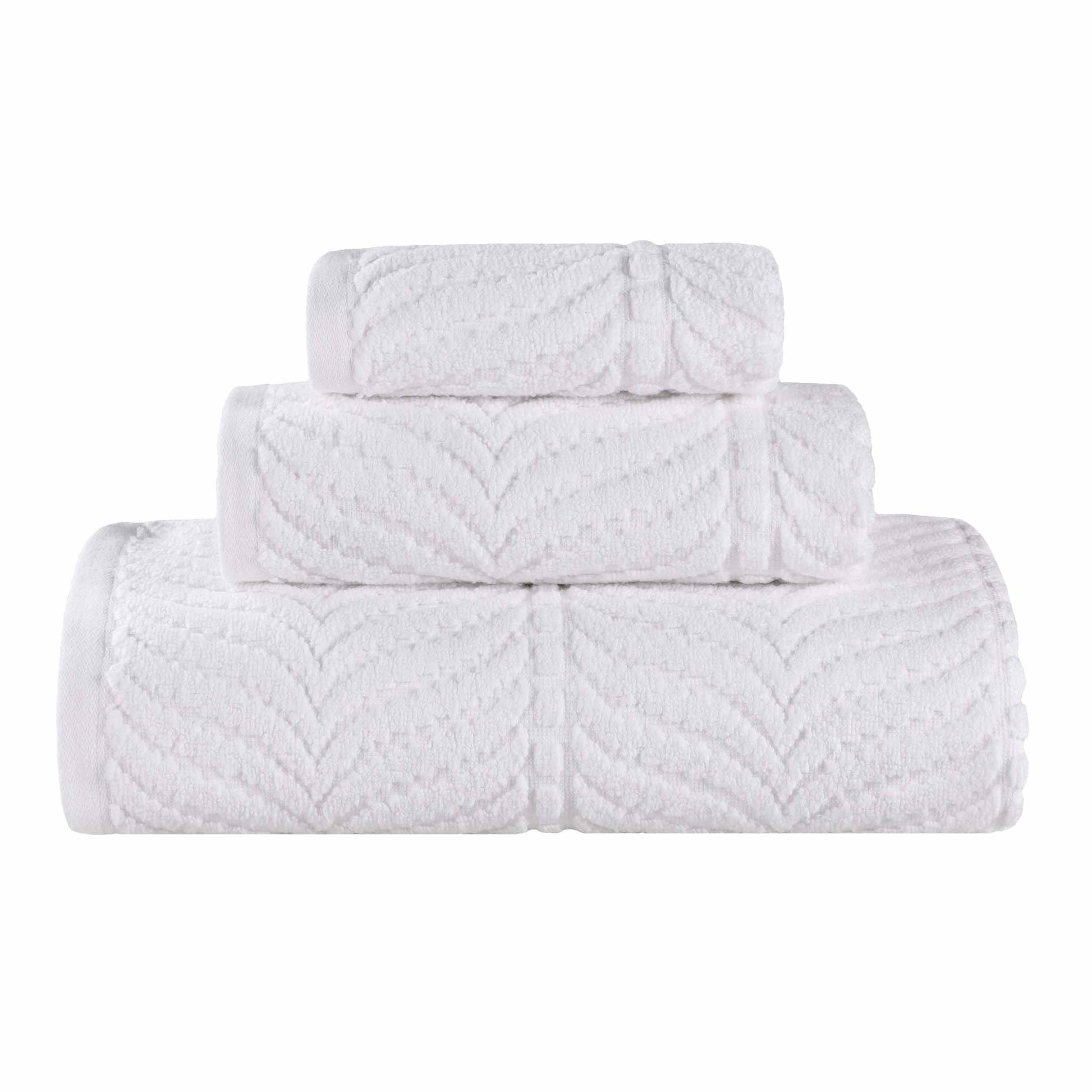 Chevron Zero Twist Jaquard Cotton 3 Piece Bathroom Towel Set - White