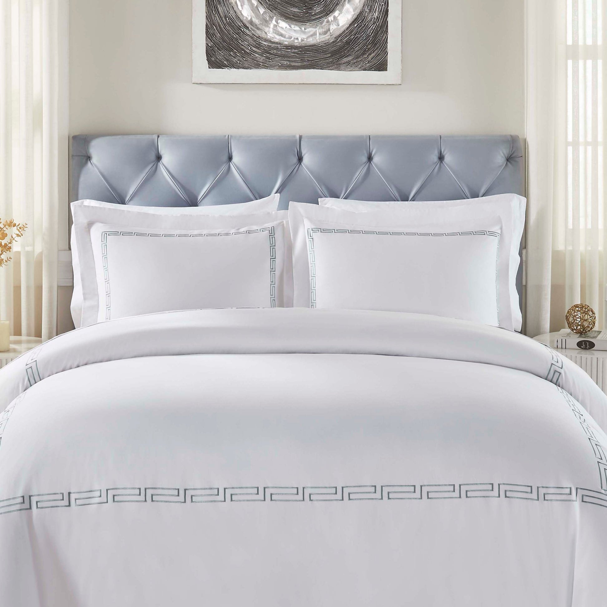 Harrison Cotton Greek Key Embroidered 3 Piece Duvet Cover Set - White