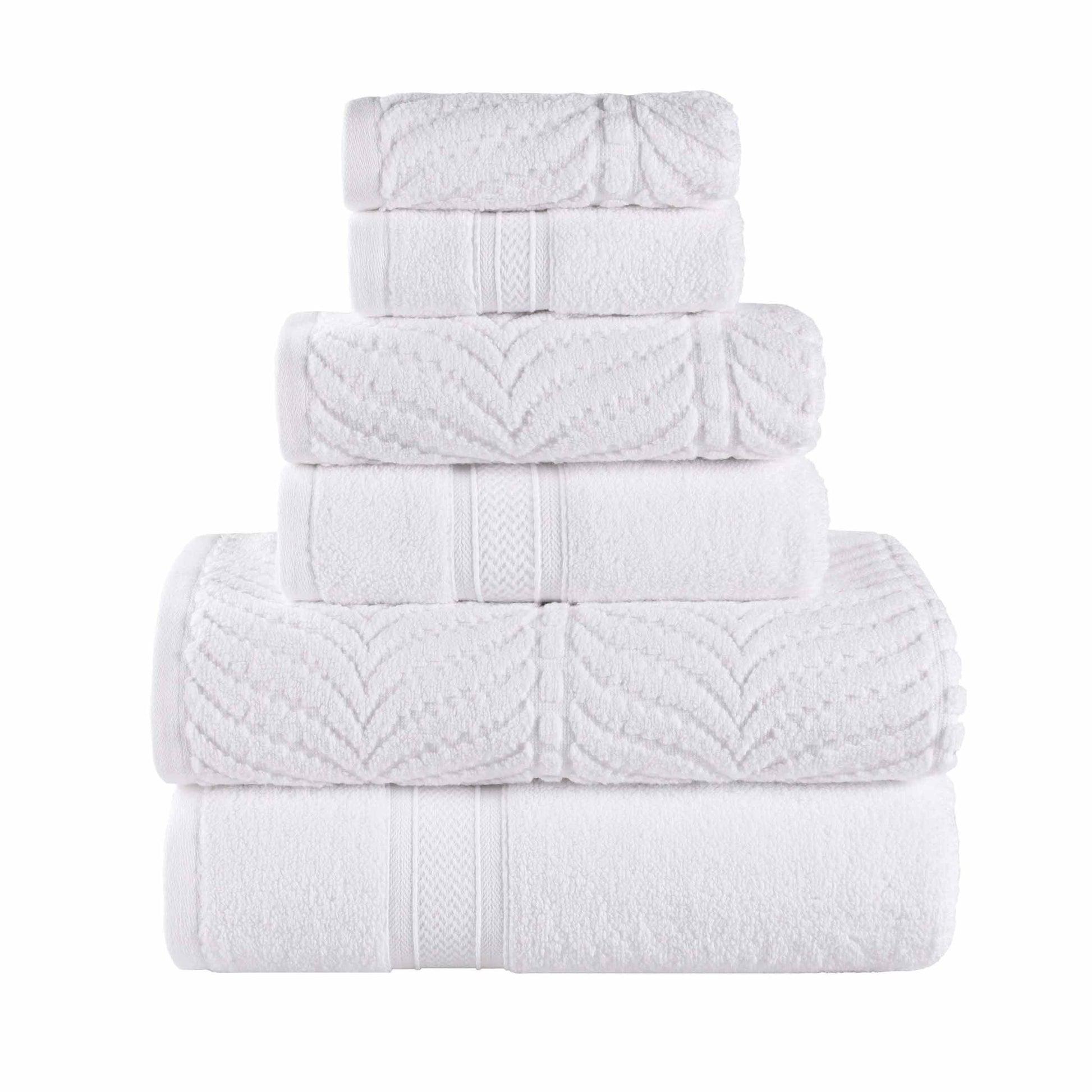 Chevron Zero Twist Solid and Jacquard Soft Cotton 6 Piece Towel Set - White