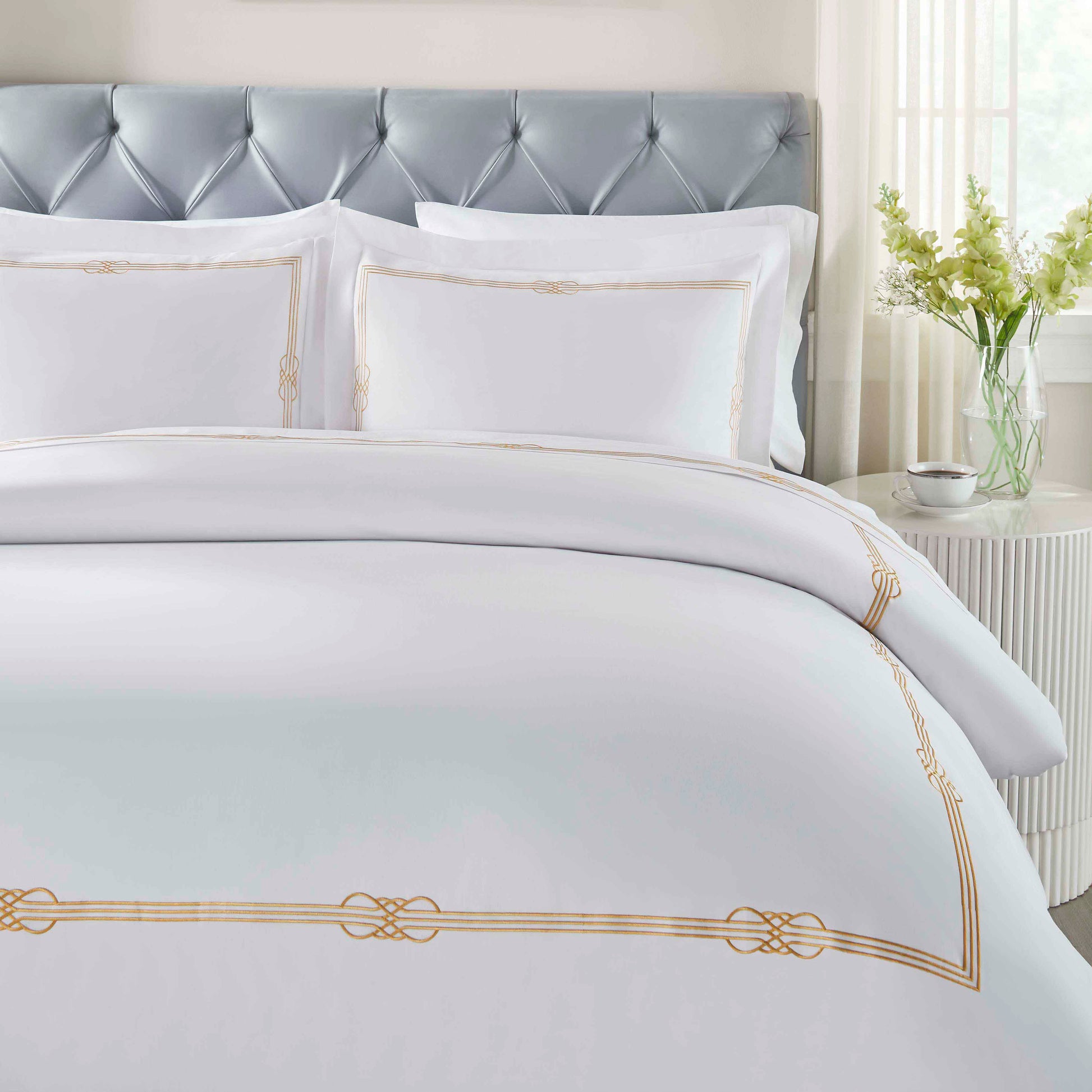 Moonlawn Cotton Gold Embroidered 3 Piece Duvet Cover Set - White-Gold