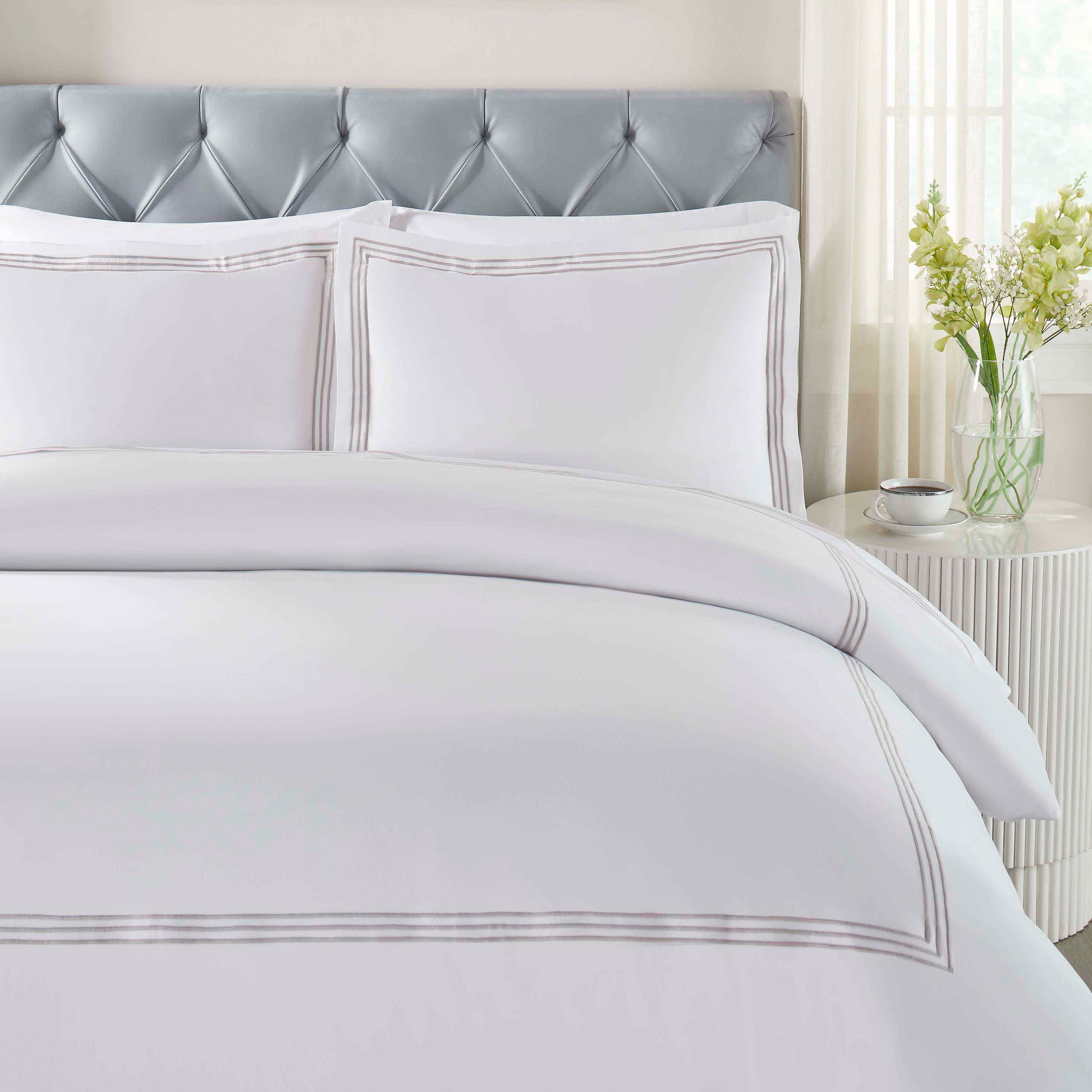 Brandon Cotton Three-Line Embroidered 3 Piece Duvet Cover Set - White